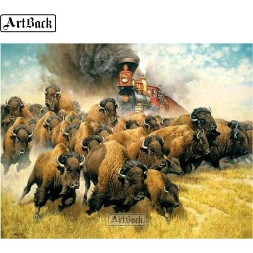 5d diamond painting bison train full square & round animal scenery diamond cross stitch cattle 3d diamond mosaic decoration