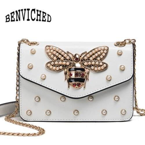 BENVICHED Women Brand Desinger Rhinestones Bee PU Leather Shoulder Bag Small Crossbody Bag Chain For Girls Ladies Bag Bolso L020