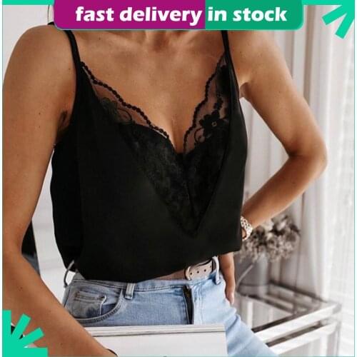 Lace Blouse Womens Solid Splicing Sexy Spaghetti V-Neck Suspender Vest Top Blouse Camis Casual Elegant Summer Plus Size Shirt