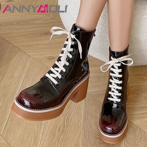 ANNYMOLI Real Leather Ankle Boots Women Shoes Platform Chunky High Heel Boots Round Toe Zipper Ladies Motorcycle Boots Winter 41