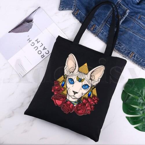 Sphynx Black Canvas Print Shopping Bags Girls Fashion Life Casual Pacakge Hand Bag