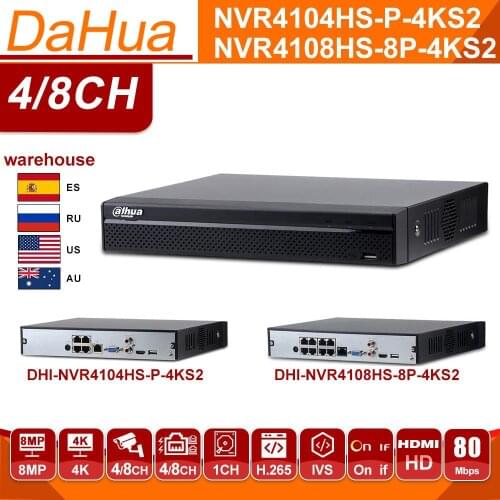 Original Dahua NVR NVR4104HS-P-4KS2 NVR4108HS-8P-4KS2 4/8 CH NVR POE 4K Network Video Recorder with IVS HD 8MP for IP Camera