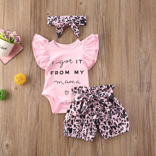 Kid Toddler Baby Girls Flying Sleeve Letter Print Romper+Leopard Shorts+Bowknot Headband 3-piece Set