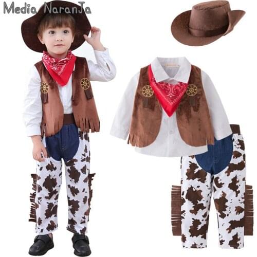 Children cowboy costume Long Sleeve Western Cowboy clothing Set hat+shirt+vest+pants halloween birthday peformance purim clothes