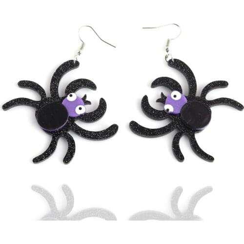 Halloween Glitter Black Scary Spider Acrylic Dangle Earrings For Women Girl Spider Web Bat Skull Skeleton Earrings Party Jewelry