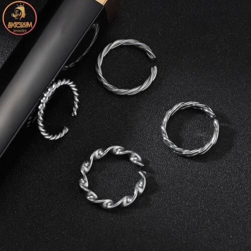 Akizoom 14k Silver Color Punk Rings Stainless Steel Adjustable Open Size Finger for Women Ring Wedding Party Jewelry Gift