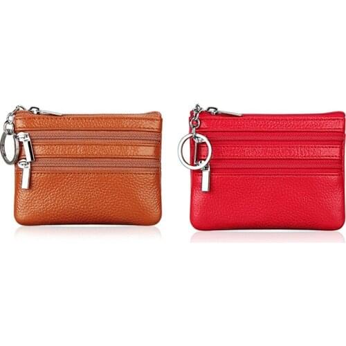 2x Leather Change Coin Purse with 4 Pockets and Keychain for Women Brown & Red