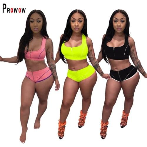 Prowow Summer Women Jogging Fitness Sport Suits Zipper Tops Shorts Two Piece Matching Tracksuits Casual Clothing Set Outfits