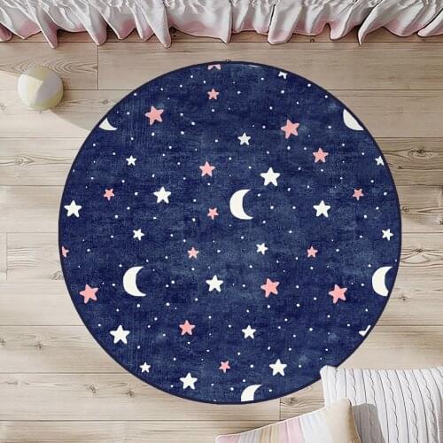 Lacivert Yuvarlak Çocuk Odası Halısı pembe beyaz ay yıldız