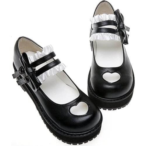 Japanese Sweet Lolita Hollow Heart Maid Cosplay Platform Mary Jane Flat Shoes Kawaii Shoes Anime Cosplay