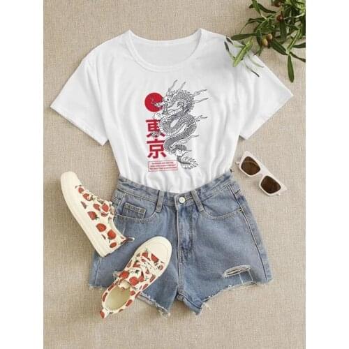 Fashion Japanese T-Shirt Womens Harajuku Street Style Tee Dragon Sun Tokyo Vintage Grunge Cute Aesthetic Top Clothes