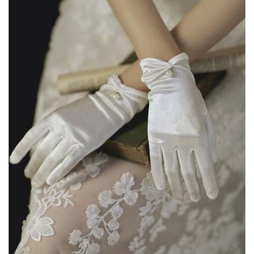 Womens Summer Thin Short Satin Elastic Etiquette Dress Gloves Elegant Pearl Lace Bow UV Sunscreen Cycling Driving Mittens K69
