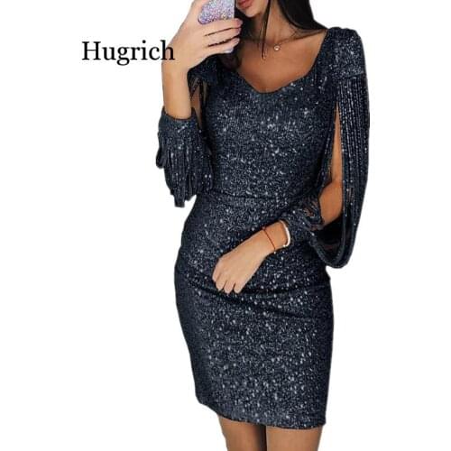 2020 New Dress Sequins Formal Party Dress V-Neck Sparkling Tassel Long-Sleeved Slim Bag Hip Dress