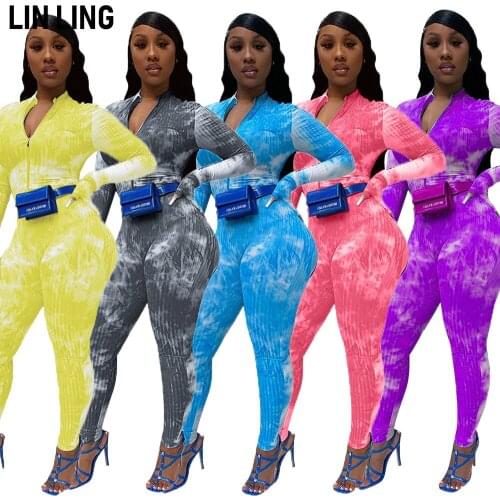 LINLING Round Neck Zipper Simple Autumn Women Tie Dye Printing Finger Cover Detachable Slim Casual Sports Jumpsuits