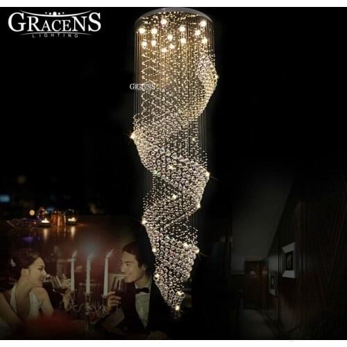 Luxurious Crystal Ceiling Light Fixture Long Spiral Flush Mounted Ceiling Lamp for Staircase Foyer Villa Hotel Lobby Lighting