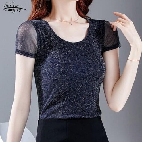 Spring O-neck Plus Size Short Sleeve Bottoming Shirts Pink Women Ladies Tops Summer Solid Bright Yarn Mesh Blouses Women 9562