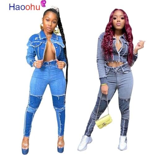 HAOOHU Sexy Denim Two Piece Set Fall Clothes for Women Long Sleeve Crop Top and Jeans Pants Matching Sets Club Birthday Outfits