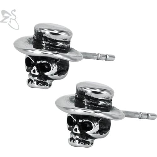 ZS Skull Stud Earrings Punk Stainless Steel Brincos Hat Mens Ear Earring Piercing For Women Men Girls Earing Jewelry Bijoux