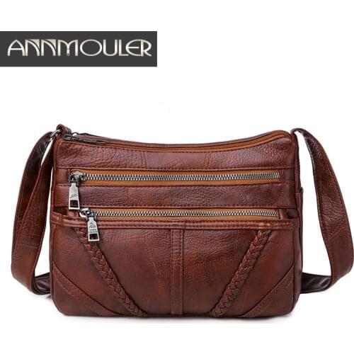 Annmouler Vintage Women Bag Soft Pu Leather Crossbody Bag Brown Washed Shoulder Bag Brand Women Handbag for Girls Messenger Bag