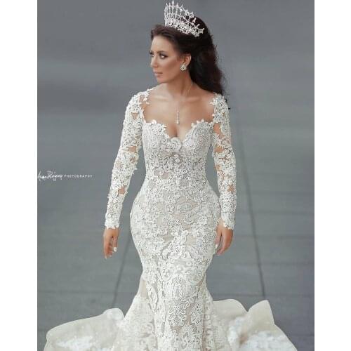 Illusion Long Sleeve Mermaid Wedding Dresses with Detachable Train Luxury Lace Pearls Arabic Aso Ebi Princess Wedding Gown Robes