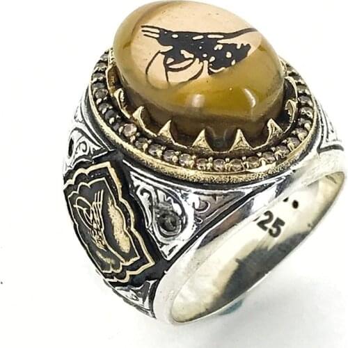 Tuğra Processing Amber Handwork Silver Men 'S Ring