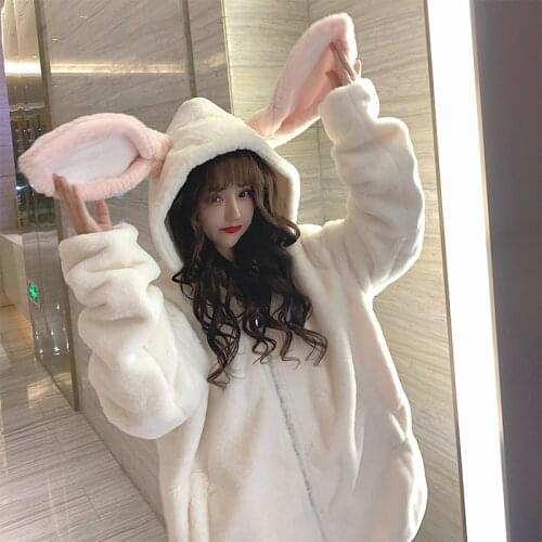 Kawaii Lamb wool Hoodies Women Winter Plus Size Fashion Bunny Ears Sweatshirt Women Long Sleeve Cute Tops Warm Zip Up Hoodies /F
