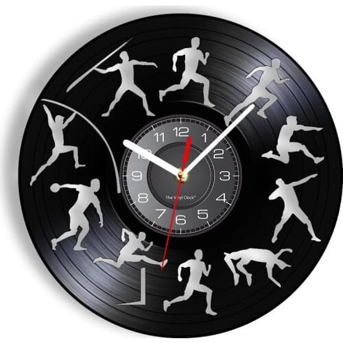 Decathlon Sport Vinyl Wall Clock High Jump Long Jump Hurdling Javelin Throwing Laser Etched Wall Watch Sporting Art Athlete Gift