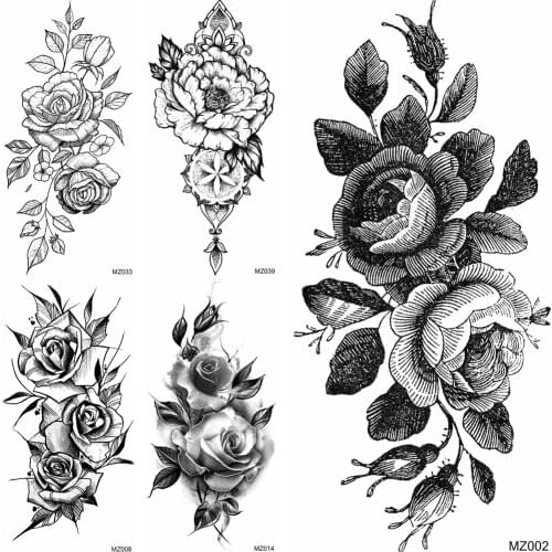 Black Flower Temporary Tatoo Sticker Womens Fashion Body Art Arm Tatoo For Party Show Fake Pencil Sketch Waterproof Tatoo Paper