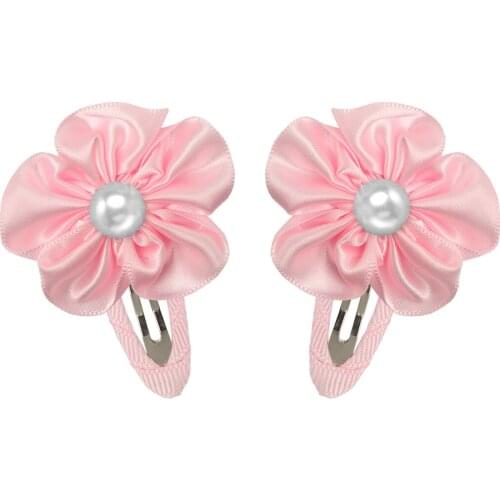XIMA 1Pair 2''Girls Little Hairpin Ribbon Flower with Pearl BB Clip Children Hair Accessories Girl Small Hair Clips 17 Colors