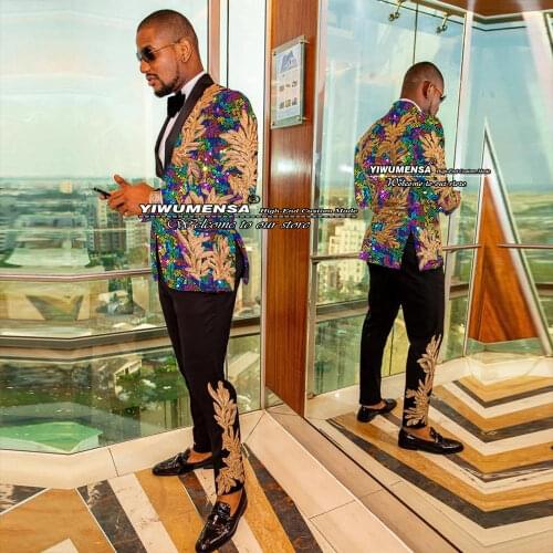 Sparkly Shinny Black Slim Fit Men Suits For Wedding Custom Made Gold Embroidery Notched Lape Jacket+Pants Grooms Marriage Blazer