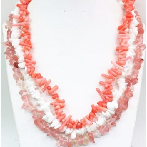 Irregular chips beads necklace for women orange white natural stone coral stone pink watermalon charms chain jewelry 18" B3471