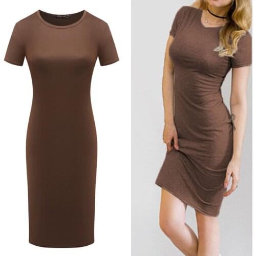 Summer Women Short Sleeve Solid Color Bodycon Package Hip Pencil Crew Neck Short Sleeves Midi Long Dress
