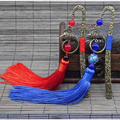 2pcs / set Ethnic wind Retro Handmade Metal Bookmark with Carnelian Red and Blue Fringe Reading Gift Prize Presents Hairpin