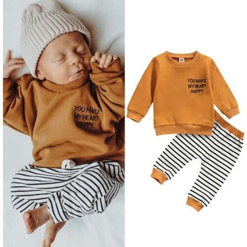 Licupiee 2pcs Autumn Baby Boys Causal Clothes Sets 0-24m Letter Pocket Long Sleeve Sweatshirt Tops Striped Pants