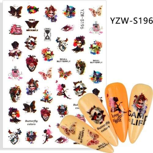 3D Stickers for Nails Butterfly Skull Flowers Nail Foil Decal Sliders Stickers for Manicure Nail Art Decoration Accessories