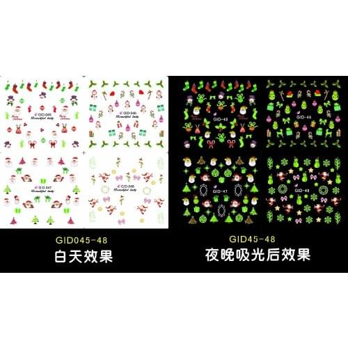 4 PCS NAIL ART NOCTILUCENT NIGHT GLOWING NAIL STICKER WATER DECAL SLIDER CHRISTMAS XMAS SANTA CLAUSE SOCKS GID045-048