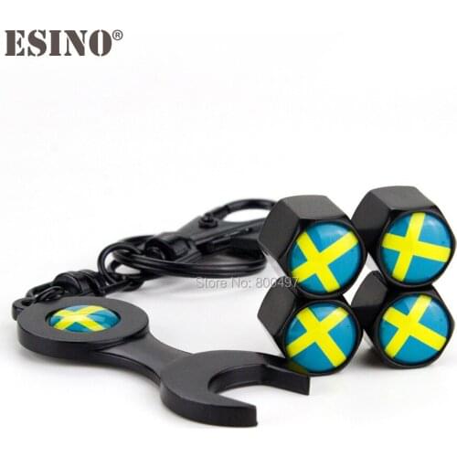 40 x Car Styling Stainless Steel Zinc Alloy Wheel Tire Valve Stem Caps Sweden Flag Universal With Mini Wrench Key Chain