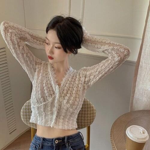 French Style V-neck Long Sleeve Lace Shirt Women Autumn Spring Sexy White Fashion Short Shirt Hollow Out Elegant Lady Blouse