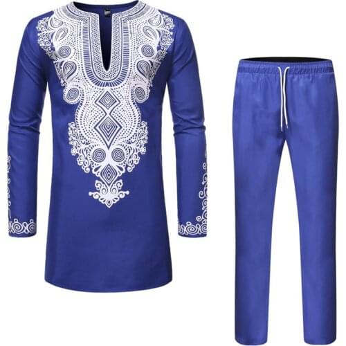 Blue African Print Top Pant Set 2 Pieces Outfit Set Fad Fashion Men African Clothes Dashiki Shirt with Trouser Men Africa Suit