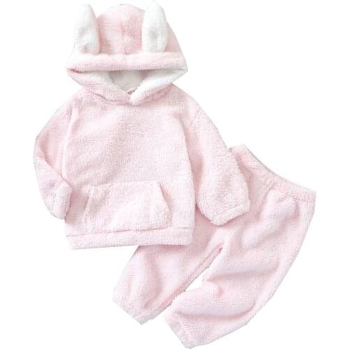 Girls Two-piece Plush Clothes Set, Pink Solid Color Long Sleeve Hooded Pullover and Trousers 2021 New Fashion Childrens Sets