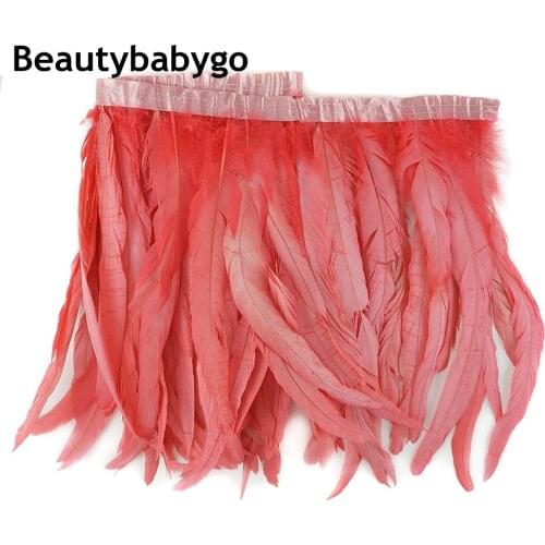 Coral Dyed Natural Chicken Hackle feather Fringes Trims Lace 30-35cm 12-14" in Width For Dress Sewing Crafts Costumes Decoration