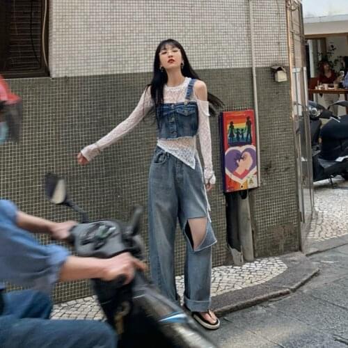 Suit Womens Summer New Short Denim Vest Vest Vest Lace Shirt Ripped Jeans Three-Piece Suit