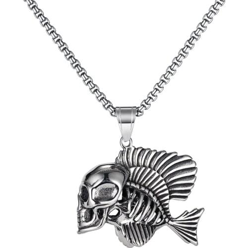 FATE LOVE Fashion Punk Jewelry Male Men Statement Skull Bone Necklaces Pendants Stainless Steel Box Chain Party Gift