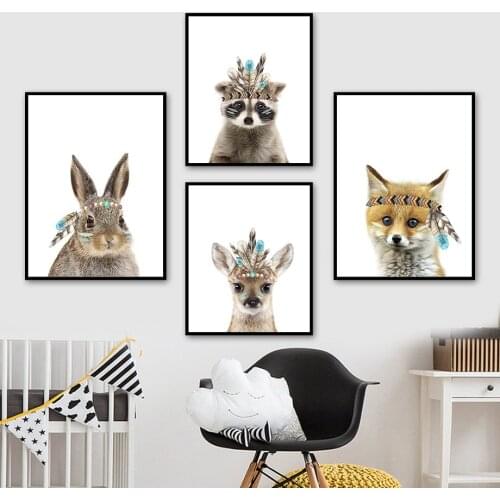 Rabbit Raccoon Kangaroo Fox Feather Animal Wall Art Canvas Painting Nordic Posters And Prints Wall Pictures Baby Kids Room Decor