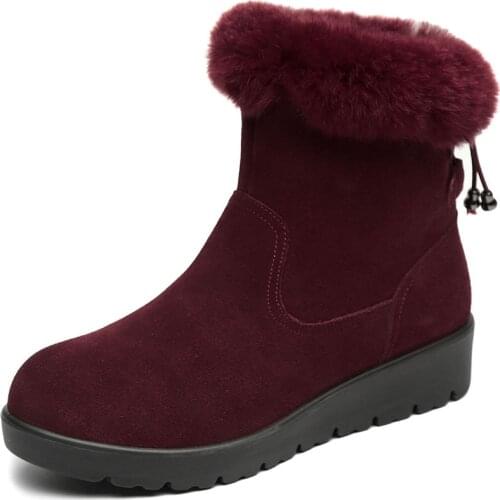 2019 New Winter Rabbit Fur Top Matte Cowhide Leather Boots Women Snow Boots Fashion Casual Flat Boots Winter Shoes Women Boots