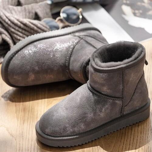 New genuine cowhide leather snow boots womens wool boots suede sheepskin flat-bottom non-slip warm winter large size shoes
