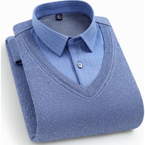 2020 autumn and winter mens fake two warm shirts Young and middle-aged business casual sweater shirt Plush thick knitted top