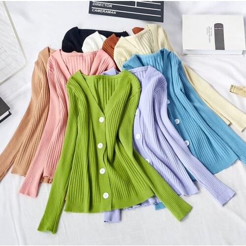 Autumn Cropped Cardigans Women 2021 Loose Ladies Short Knitted Sweaters Long Sleeve Y2K V Neck Solid Chic Streetwear Spring Fall