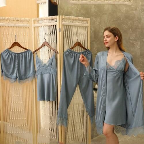 Lisacmvpnel Five-piece Pajamas Female Ice Silk Sling Nightdress Sexy Lace Chest Pad Pyjamas