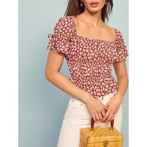 Beach Style Vacation Summer Blouses For Women 2021 Fashion Square Neck Short Sleeve Tie Elegant Vintage Floral Print Blouse Top